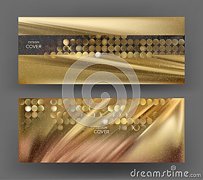 Elegant gold invitation cards with pleated fabric and metallic circles. Vector Illustration